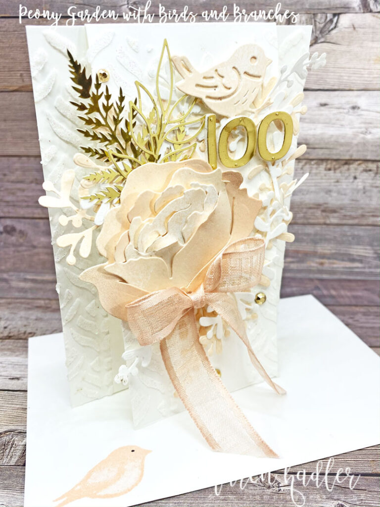 a smaller card on a base for a special 100 birthday card with birds and Branches and the Peony die.