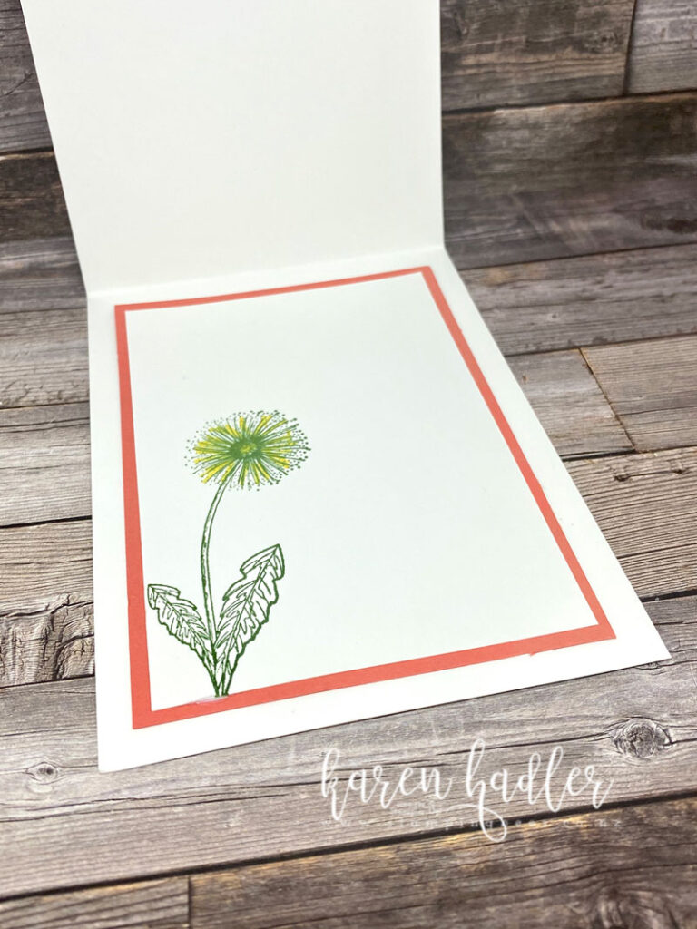 The inside of the card with a Dandelion stamped in green with yellow on the flower. matted with Calypso Card stock.