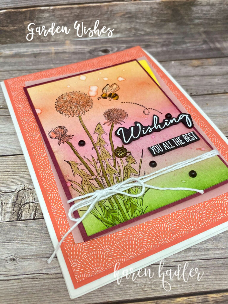 A closer view of the A wishing you all the best sentiment White embossed on Black Card stock. There are 5 layers progressively getting smaller. The Blended sunrise has  t a dandelion and bee