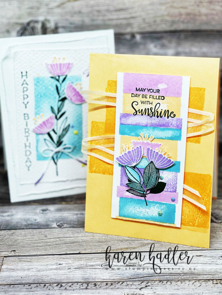 Watercolor shapes and Celebrate with flowers showing both cards and how they are using the same colours but look completely different