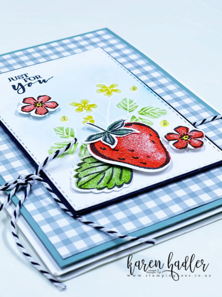 A close up look atSweet Strawberries Just for You is on a White card base with Soft Succulent mats. The top layer is Gingham paper with a smaller white rectangle matted with black on top. This is is white embossed with flowers and leaves that have ben coloured green and yellow. On top is a single red strawberry with a large green leaf and two smaller red flowers. There is black and white twine tied in a bow. 