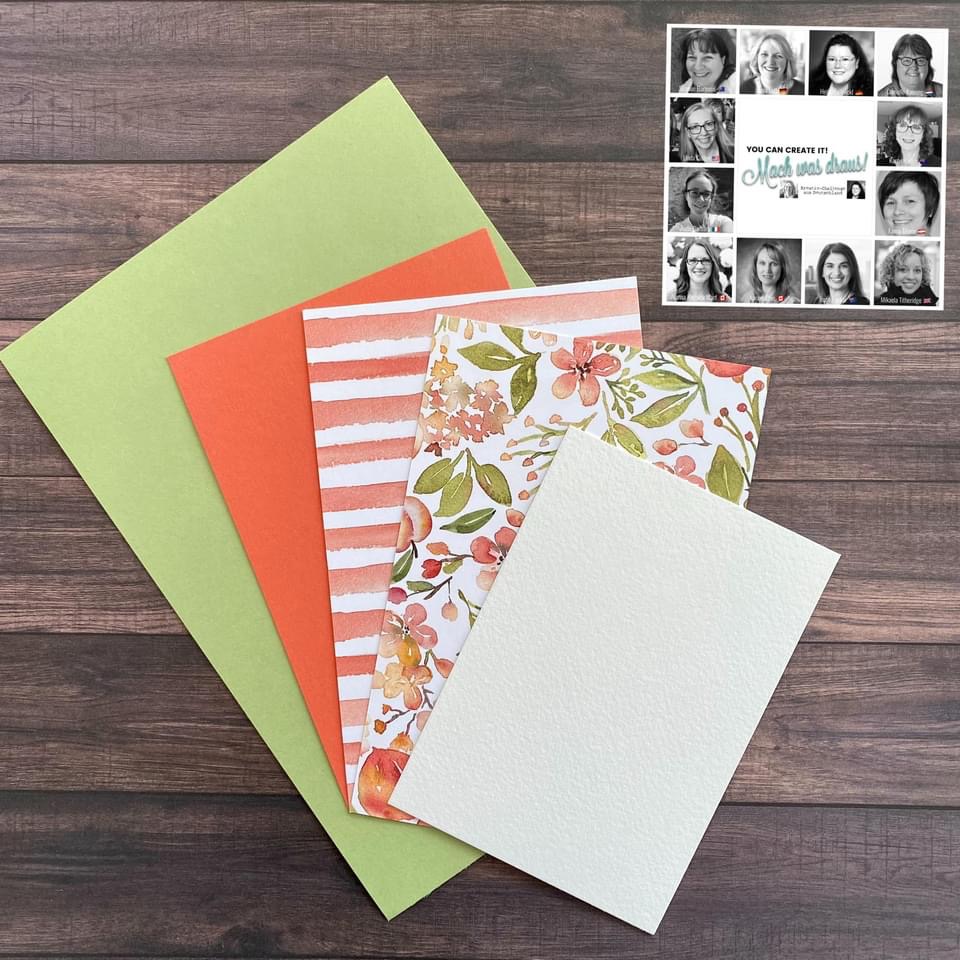 A photo showing two pieces of Card stock Pear pizzaz and Calypso Coral. Two pieces of Sweet as A Peach DSP and a pice ofFluid 100 paper.
