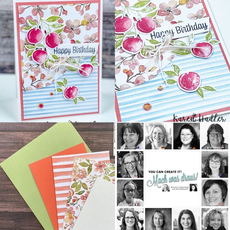 Showing the two Sweet AsA Peach card on a thick white Card base. A calypso Coral mat. The You're a Peach DSP is ripped in half to highlight both sides. There are 5 red/orange peaches with Pear Pizzaz Green leaves. The Sentiment is stamped in Black on Basic White and reads Happy Birthday. and the photo with the papers included in this months kit.