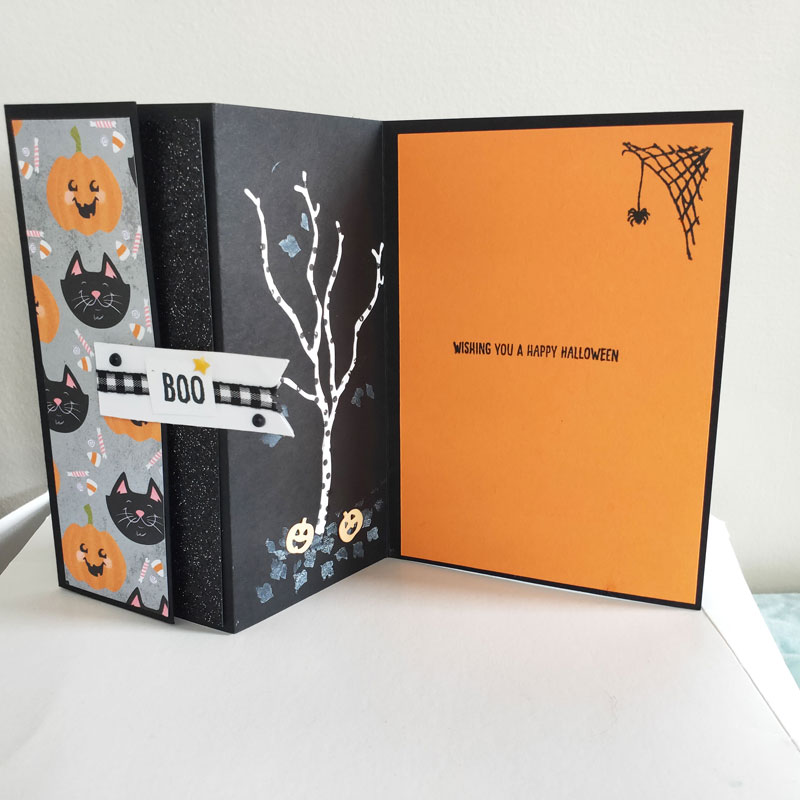 A picture showing a cut Halloween fancy fold card using the Cute Halloween DSP Showing cats and pumpkins and glittery black