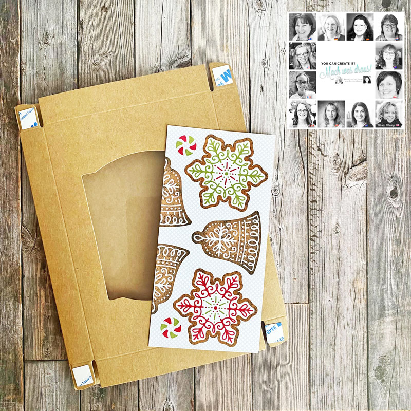 A Picture Showing the Kraft Gift Box which has a window on the top and a piece of the Gingerbread & Peppermint DSP