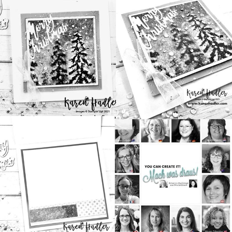 A picture which is square with 4 squares inside. 3 squares show a card the is Black, White, Gray and silver. The picture is some wintery trees with snow. The words are cut out in White and say Merry Christmas. There is also a White glittery bow on the left.
The bottom right square has 13 people pictured in smaller squares.
