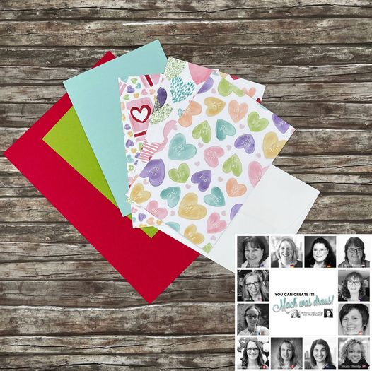 A picture with different coloured card stock and Designer Series Paper. In the bottom left corner there is some faces and words in the middle