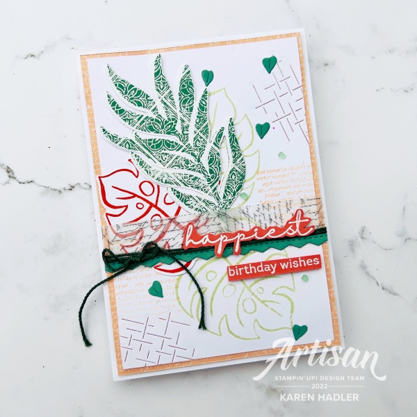 A picture of a card with text that reads Happiest Birthday wishes. The colours are peach and green. There are layers of leaves with one solid Green leave with patterns  that is cut out on the top.