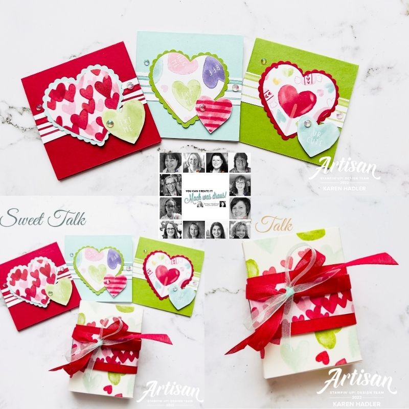 A picture of bright coloured small square gifts cards. Red Blue and Green all with Large hearts in the middle and a smaller one bottom right hand corner. These cordinate with the small gift box which has a red and blue ribbon tied in a bow around it.