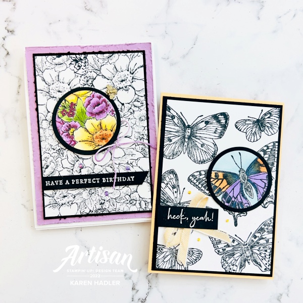 a picture of two cards with text. One is covered in black and white flowers with a circle that is the only part coloured with bright colours the text reads Have a perfect Birthday. The other has black and white butterflies with one that has a circle cut out and that part is the only area coloured. The text reads heck yeah.