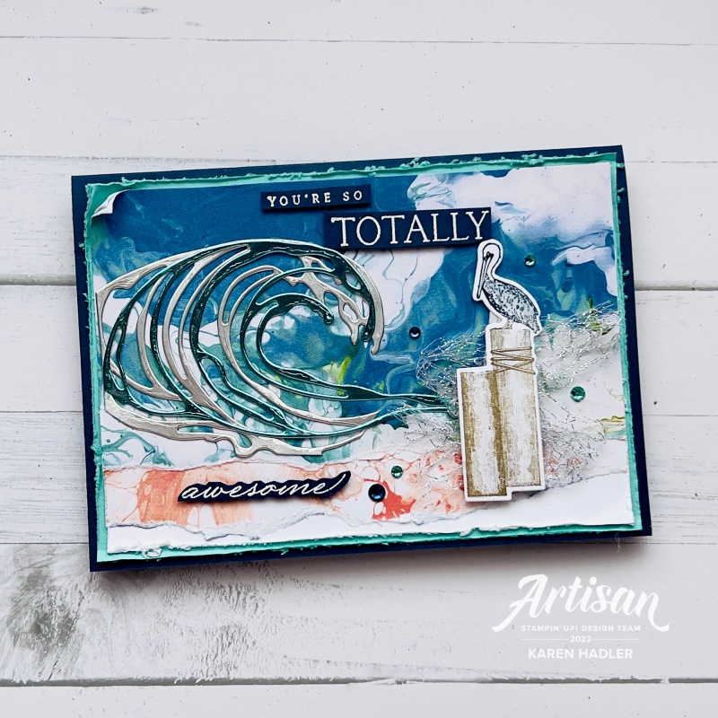 A totally awesome birthday or thank you card with waves crashing on the beach using stunning Designer Series Paper. The wave is in silver and blue foils.
