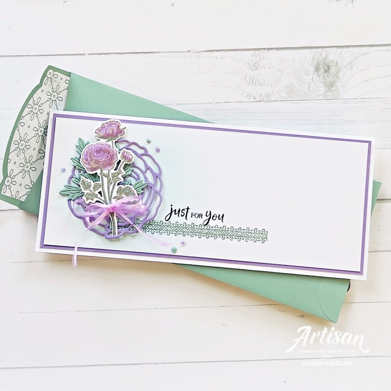 A slimline Greeting card and envelope Just for you with flowers and leaves.