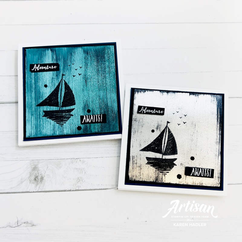 2 masculine cards silver and blue foil with a sail boat and adventure awaits.