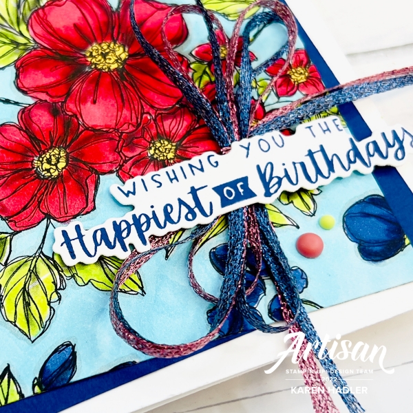 A close up off A bright happy wishing you the happiest of Birthdays Greeting card with flowers.
