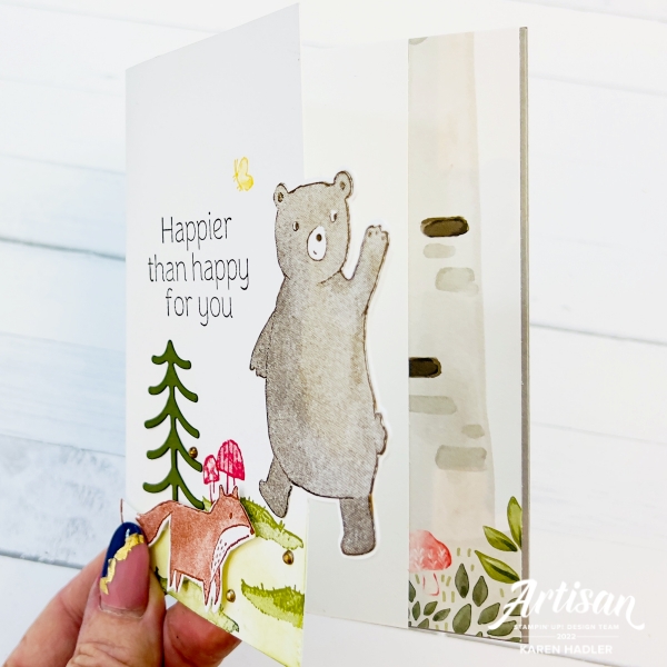 A picture of a greeting card with cute bear and fox and a sentiment that reads Happier than Happy For You