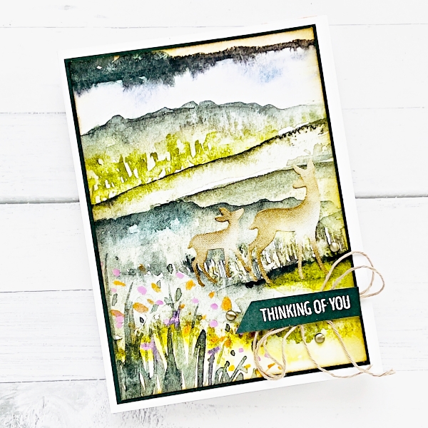 A picture of a greeting card with an outside scene with a mother and baby deer. The sentiment reads Thinking of you