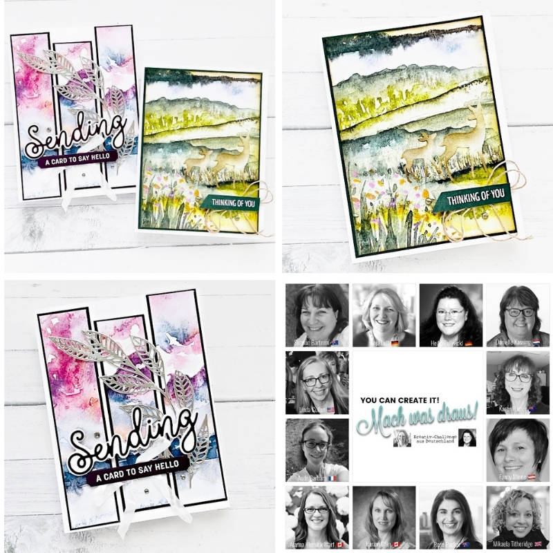 A picture of 3 greeting cards , thinking of you and Sending a Card to say hello, plus a picture of 12 women's faces from all around the world.