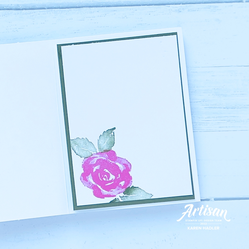 A picture of this inside of a greeting It is handmade and layered for the Global Stampin video hop. Beautiful flowers in pinks, plus blues and greens.