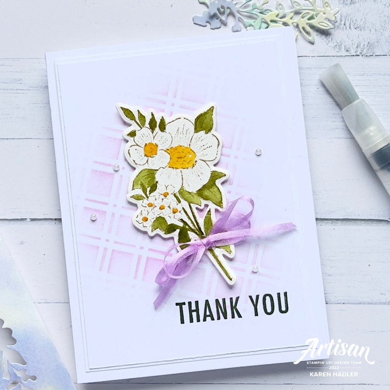 an image of a greeting card in the #2 water Colour Series no line water colour . There is a bouquet of flowers in the middle and a bow. with the words Thank you