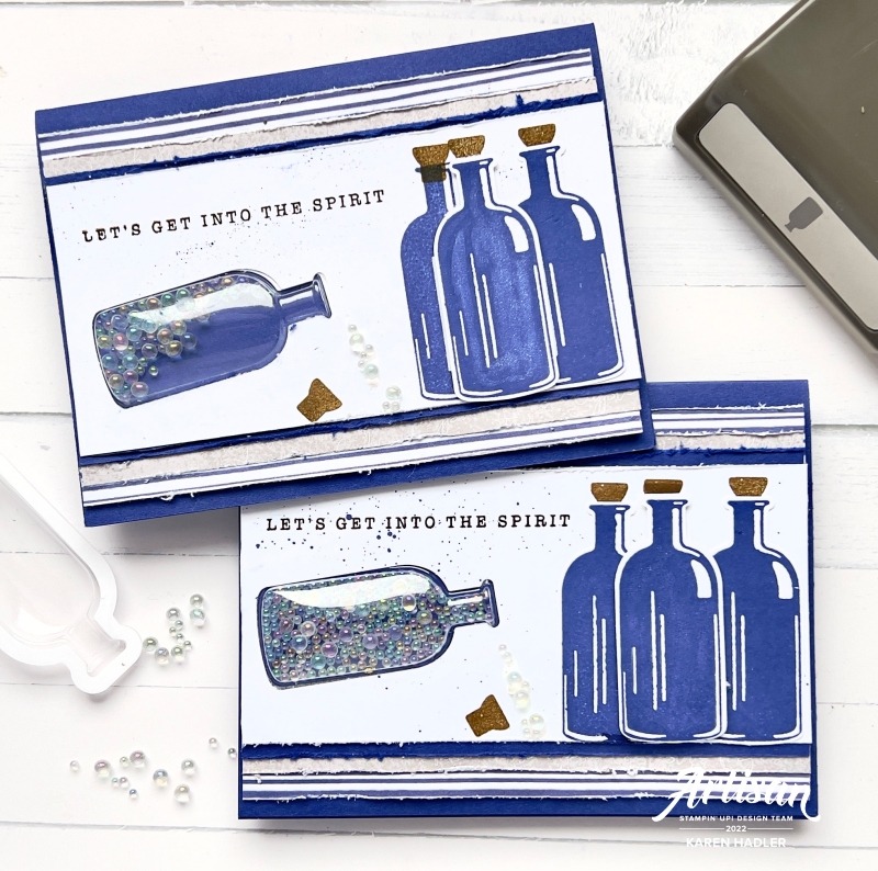 A picture of a Let's Get into the Spirit masculine Shaker card with 4 bottles one falling over spilling the contents.