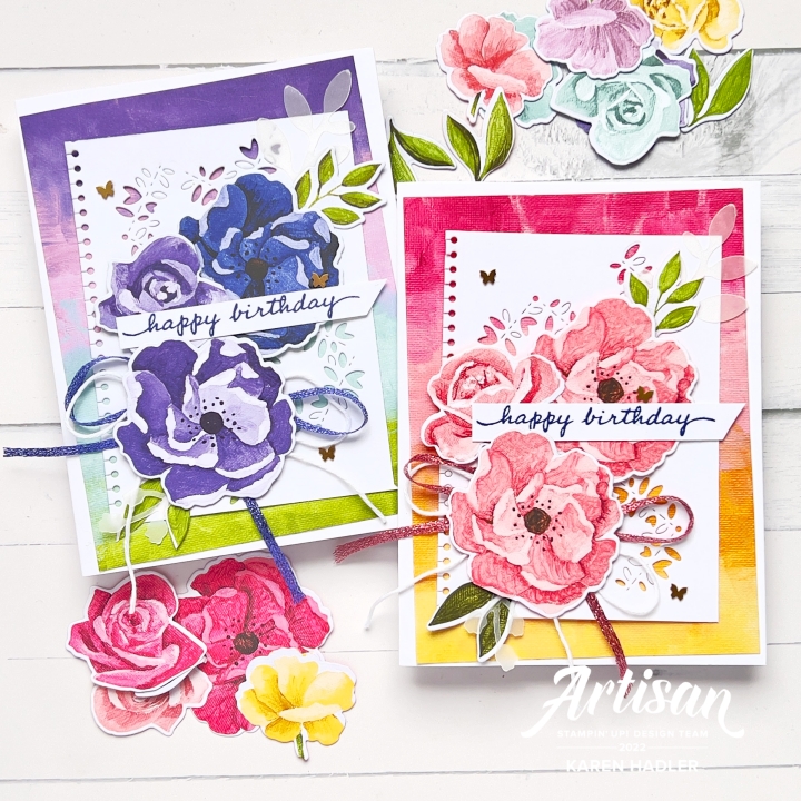 A picture of two bright and happy Birthdays Cards. There is Pink and blue flowers and bows