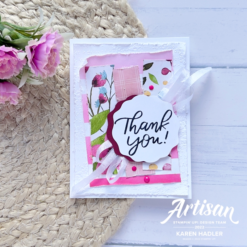 A picture of a thank you card with strips of Awash with Beauty Designer Series Paper strips and a Polished Pink background