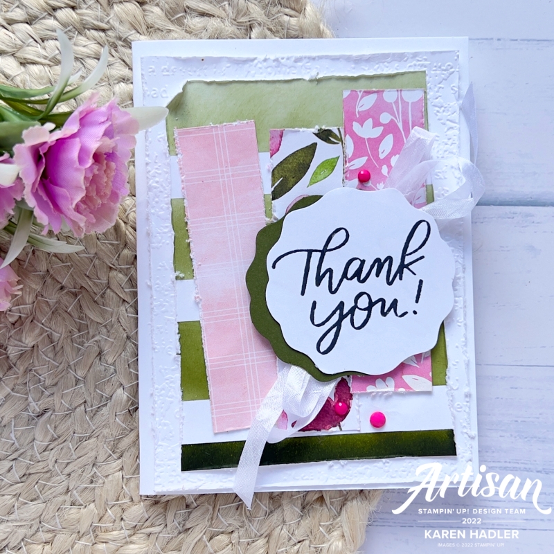 A picture of a thank you card with strips of Awash with Beauty Designer Series Paper strips and a Mossy Meadow background