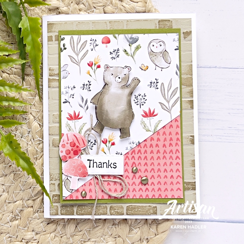 A picture Of a Thank you Greeting Card . There is a Happy Forest Scene with. a brown Bear waving, toadstools and an owl