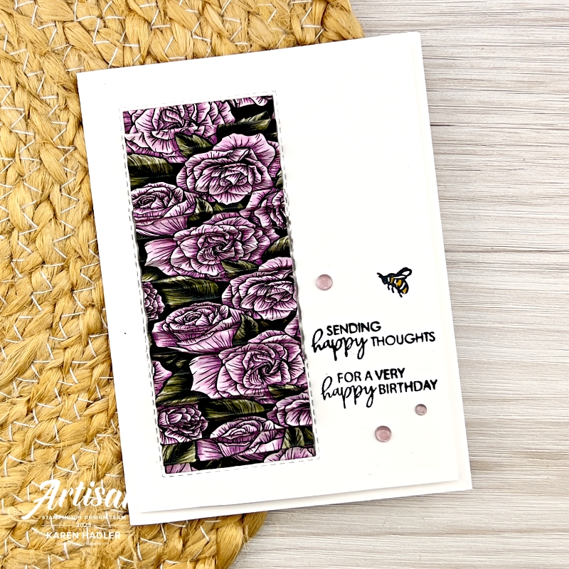 A picture of a greeting card that reads Sending Happy Thoughts for a very Happy Birthday and a small Bee. On the left is beautiful concertinaed Designer Series paper. 