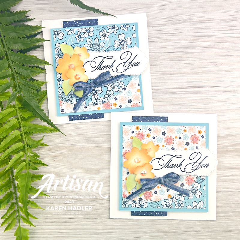 A picture of two Thank You  greeting Cards . The cards have gorgeous Floral Backgrounds with a blue Bow a large Thank you 