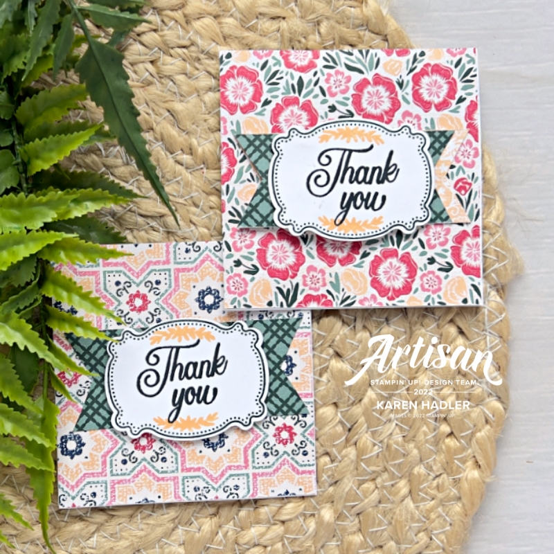 A picture of 2 small thank you cards. with classic retro backgrounds in reds, green and peach. 