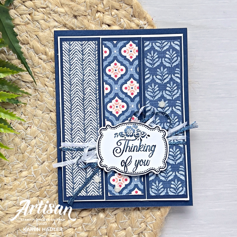 A picture of a Blue themed Thinking of you card. With 3 strips of gorgeous DSP and a sentiment with a double bow behind it.