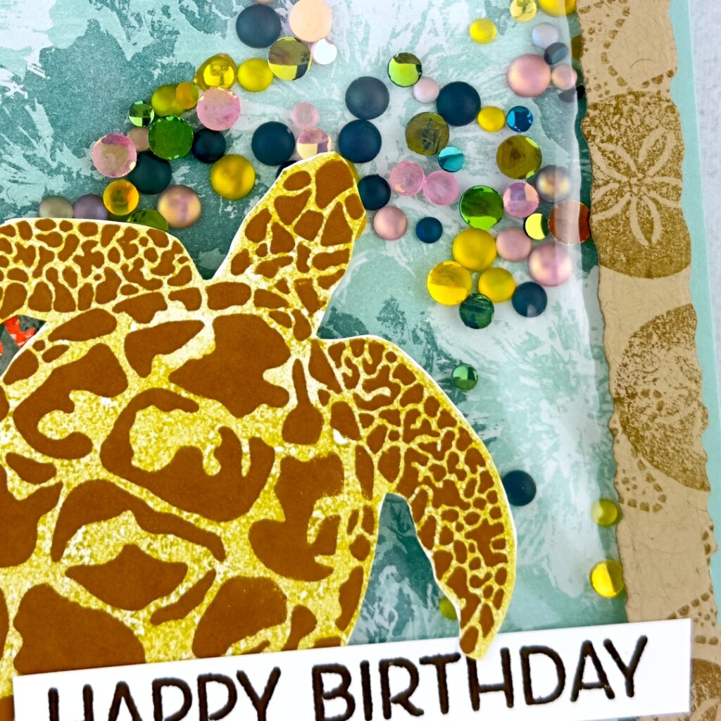 A close up ofA picture of a shaker card. It has a pool party base and a stamped with star fish and sand dollar Crumb cake frame . The back ground is splashes of pool Party and Lost lagoon. There is inside some loose frosted coloured dots that make the shaker. On the outside is a large turtle and the sentiment reads Happy Birthday.