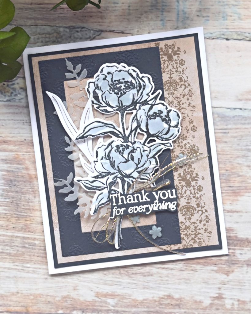 Layered handmade thank-you card with embossed floral stamp, neutral tones, ribbon accent and “thank you for everything” sentiment from the Beautiful Gallery Suite.