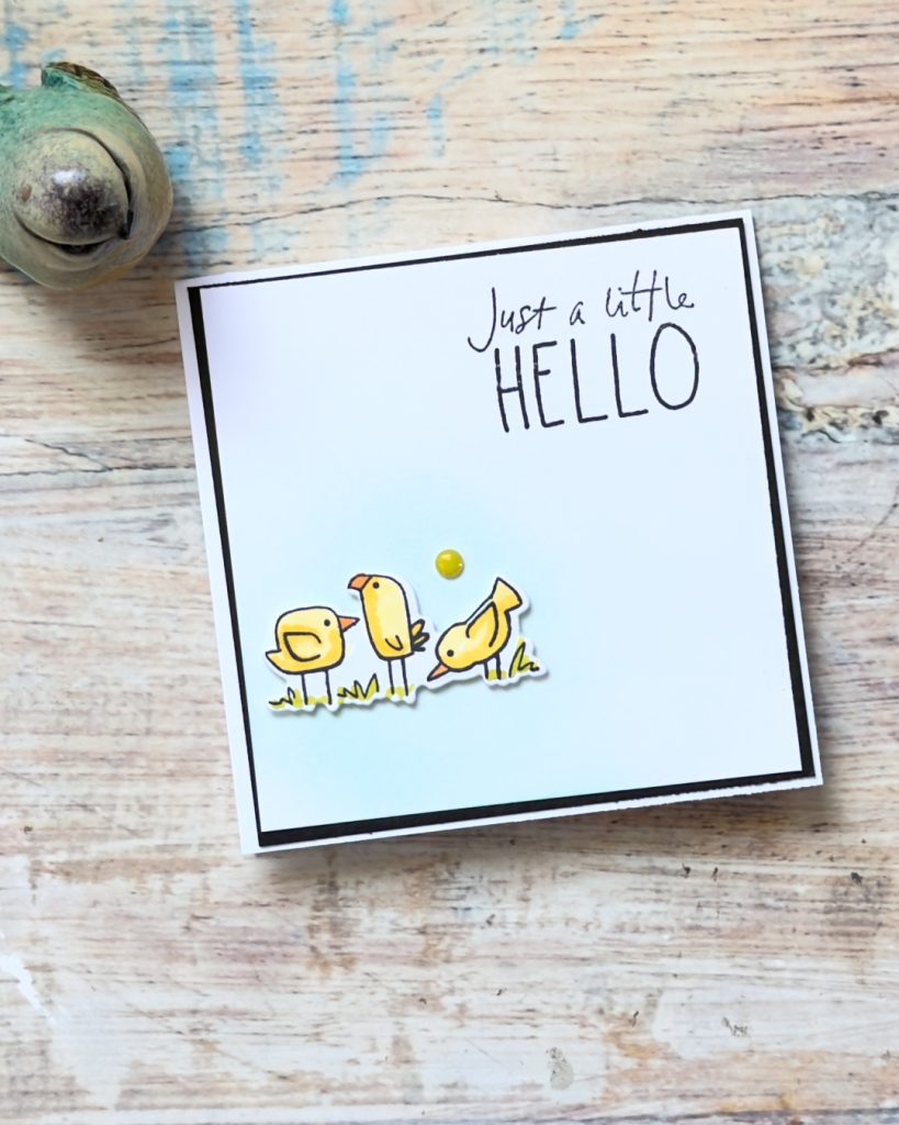 Clean and simple handmade card with three yellow birds and the sentiment “Just a Little Hello” using the Stampin’ Up! Cutest Crew stamp set.