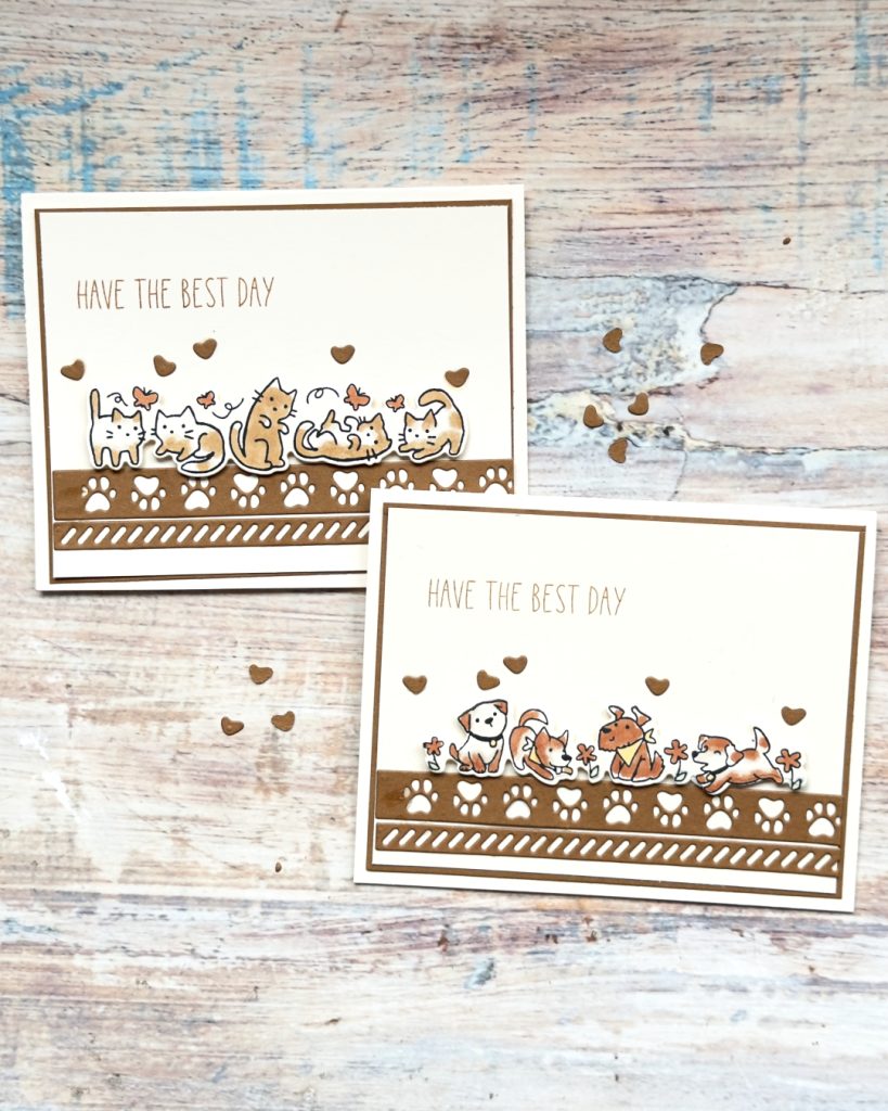 Two handmade cards featuring cute cats and dogs sitting on a paw print border created with the Stampin’ Up! Cutest Crew Bundle and warm brown tones.