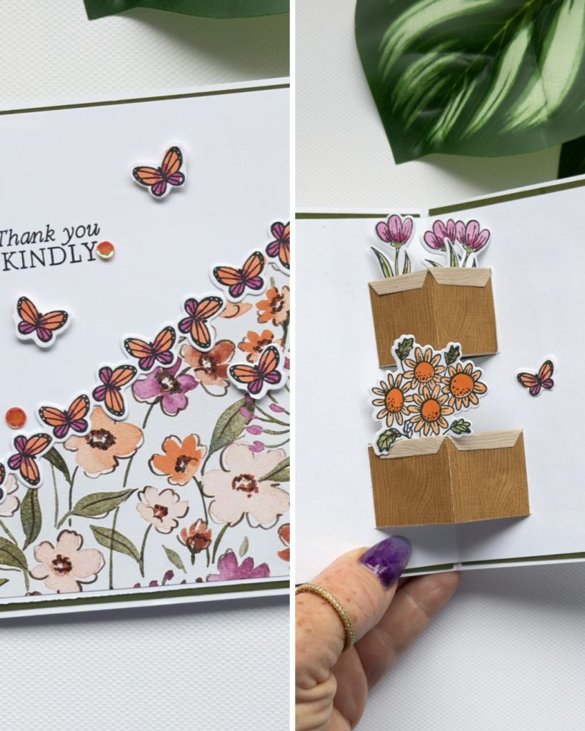 Handmade pop-up flower card featuring butterfly border on the front and a surprise floral pop-up design inside using the Pop-Up Petals bundle.
