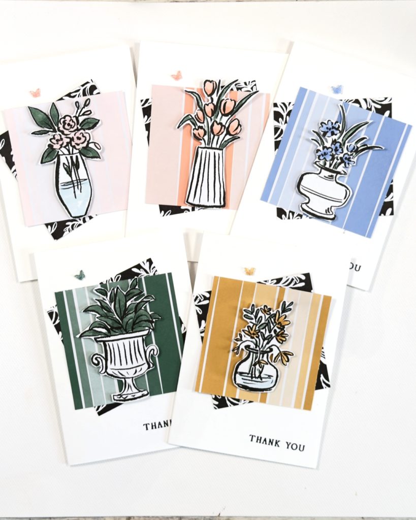 Handmade thank you card set using Stampin’ Up! 2026–2028 In Colours and Artisan Sketched Garden designer paper with sketched vases and striped colour backgrounds.
