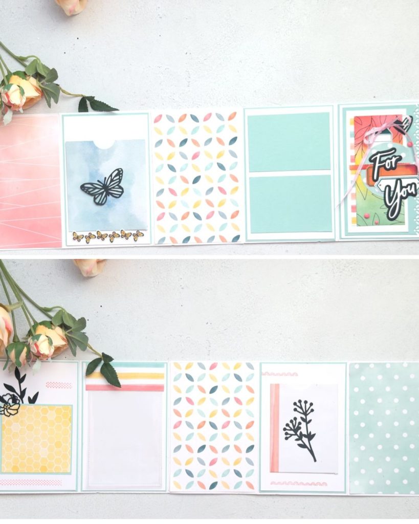 Handmade concertina mini album created with the Stampin’ Up! Beautiful Ordinary Life Suite featuring pastel patterned papers, interactive flip flaps, pockets, layered photo mats, butterfly die cuts and soft Pool Party, pink and yellow colour tones for memory keeping and scrapbook journaling.