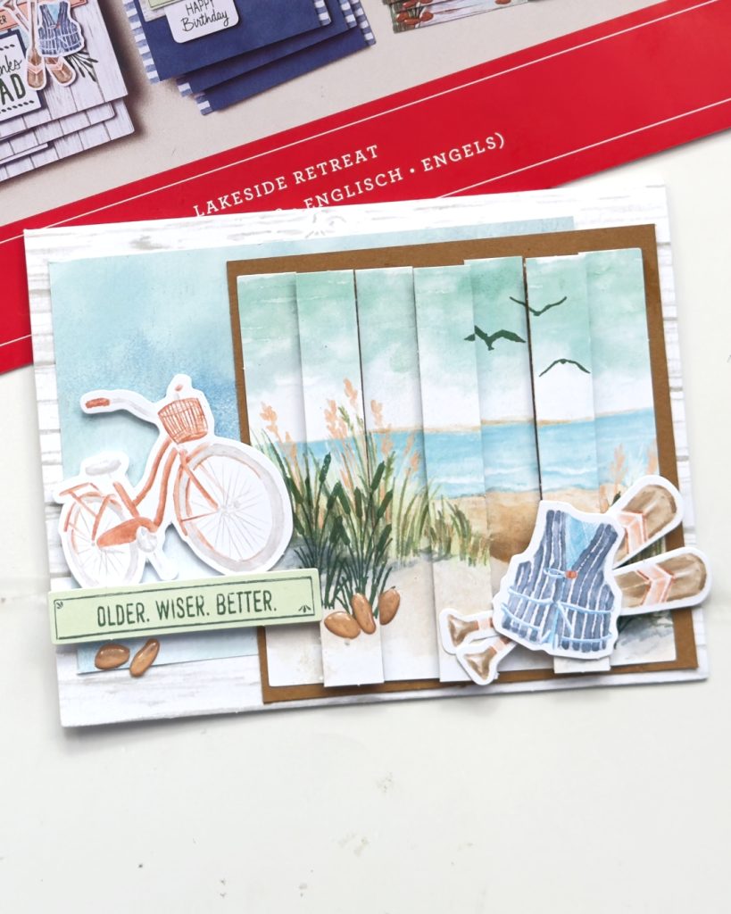 Handmade masculine birthday card created with the Lakeside Retreat Paper Pumpkin Kit using the Double Vision Technique, featuring a layered beach scene, bicycle embellishment, cattails, birds, and dimensional scenic panels in soft blue and earthy tones.