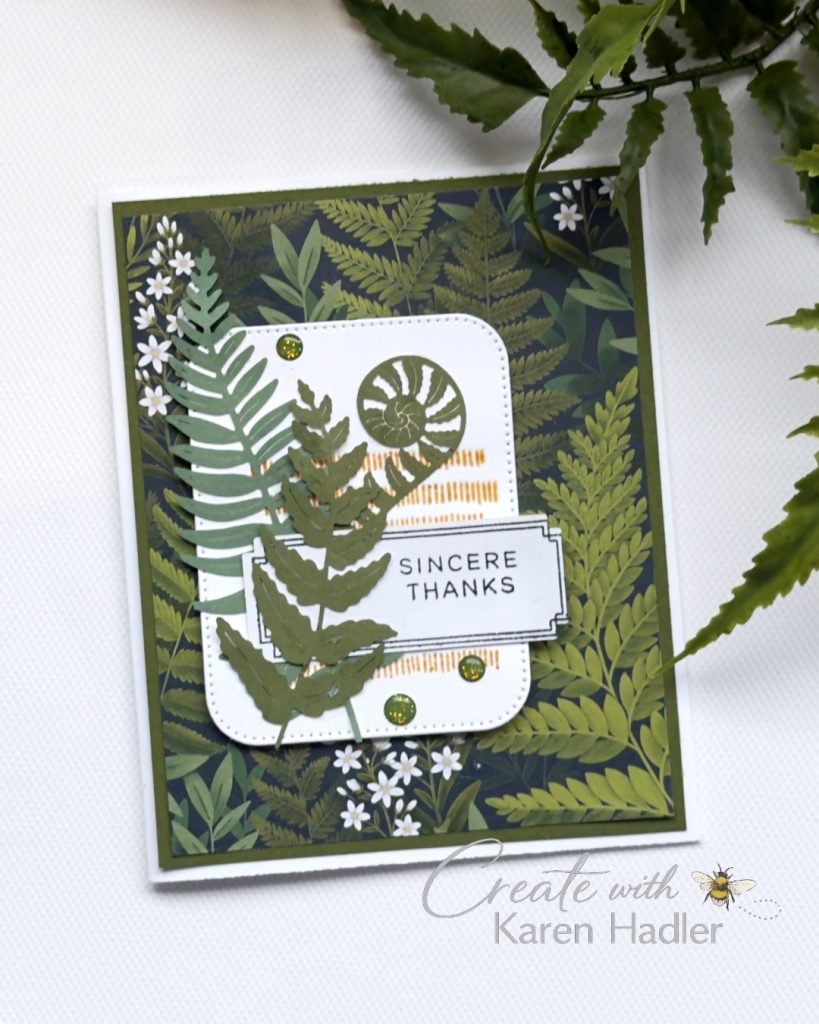 Handmade botanical thank you card with layered fern die cuts, fern patterned designer paper, green embellishments and a “Sincere Thanks” sentiment on an olive green card base.